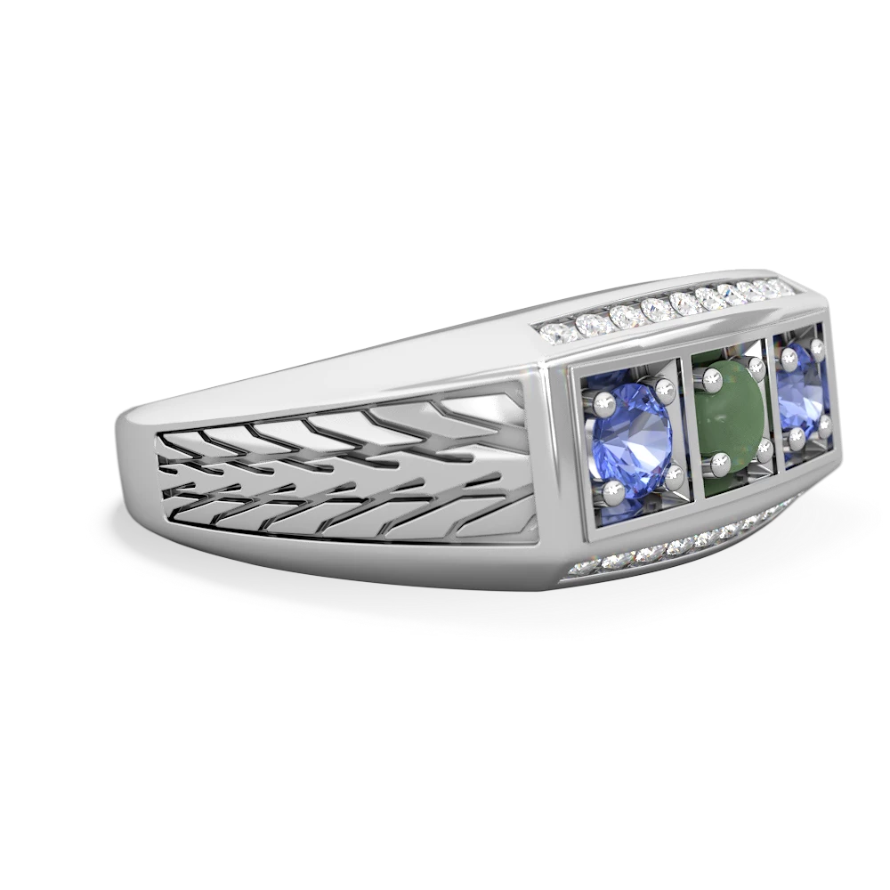 Jade Three Stone Tire Tread Men's 14K White Gold ring R0520