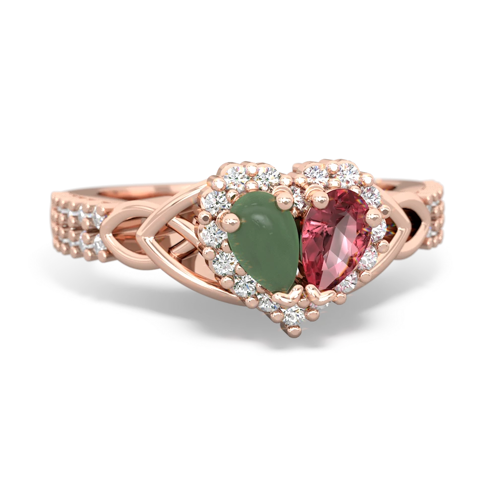 Jade Celtic Knot Two Hearts As One 14K Rose Gold ring R2644HRT