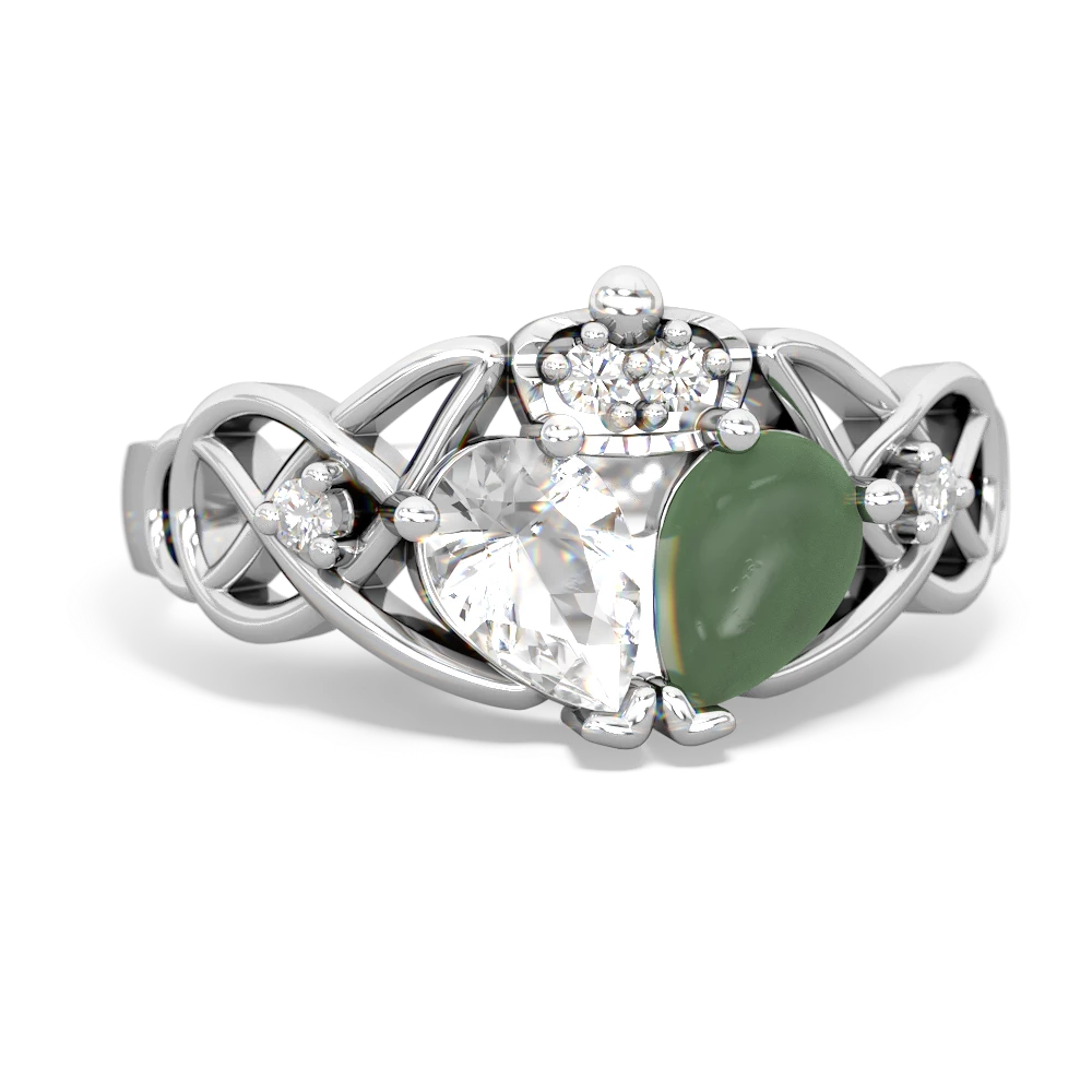 Jade 'One Heart' Celtic Knot Claddagh 14K White Gold ring R5322