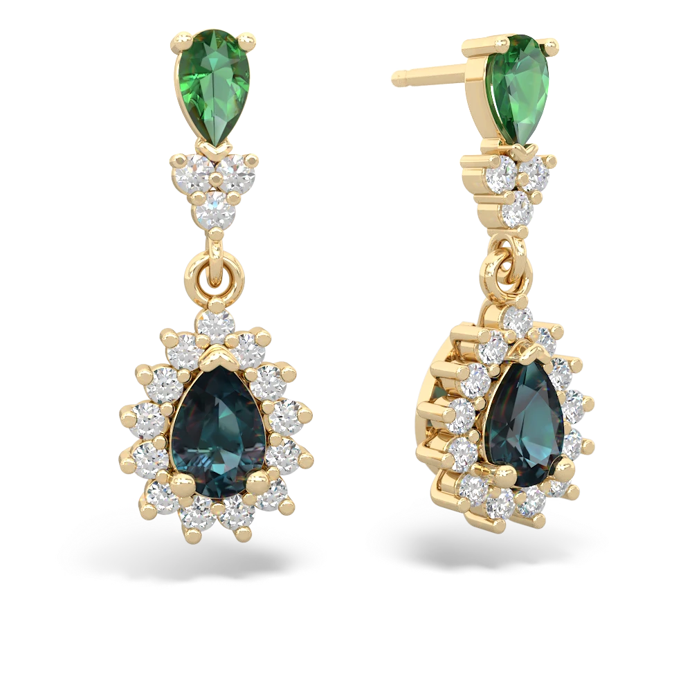 Lab Emerald Halo Pear Dangle 14K Yellow Gold earrings E1882