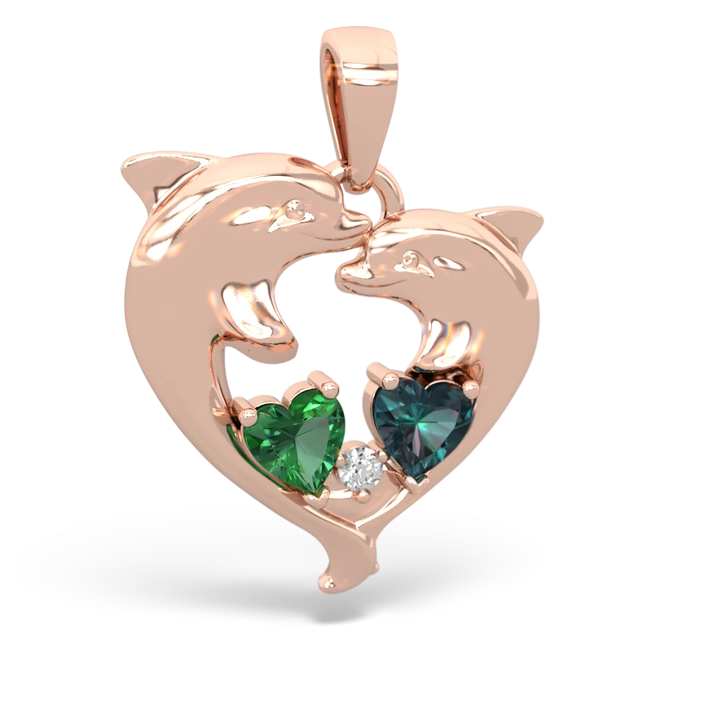 Lab Emerald Dolphin Heart 14K Rose Gold pendant P5820