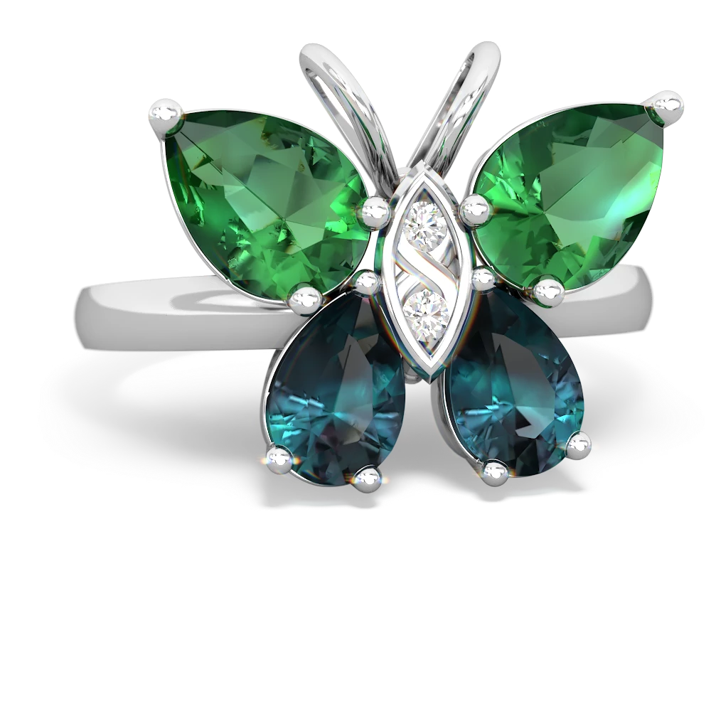 Lab Emerald Butterfly 14K White Gold ring R2215