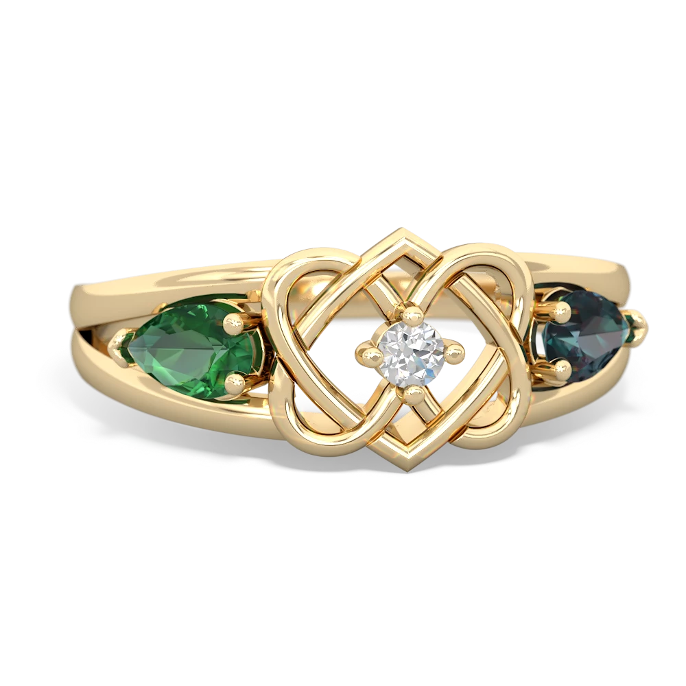 Lab Emerald Hearts Intertwined 14K Yellow Gold ring R5880