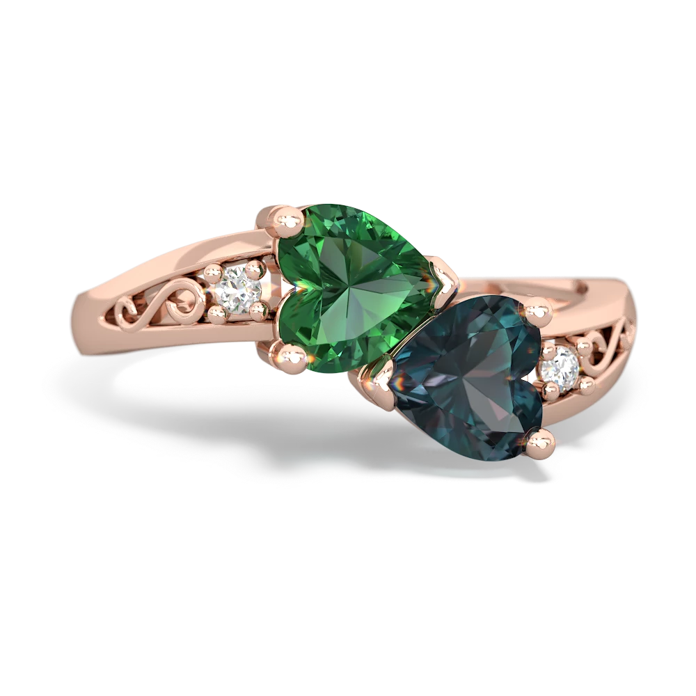 Lab Emerald Snuggling Hearts 14K Rose Gold ring R2178