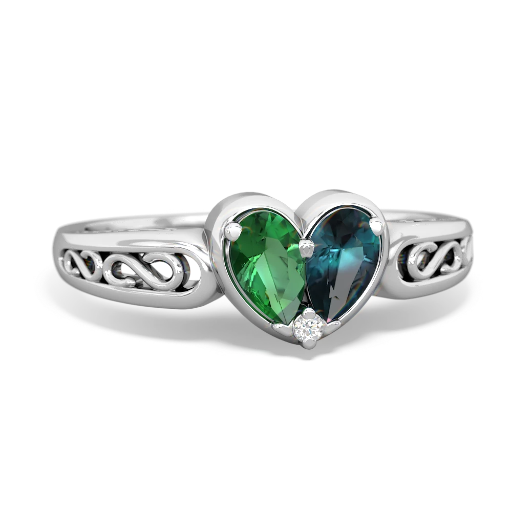 Lab Emerald Filligree 'One Heart' 14K White Gold ring R5070