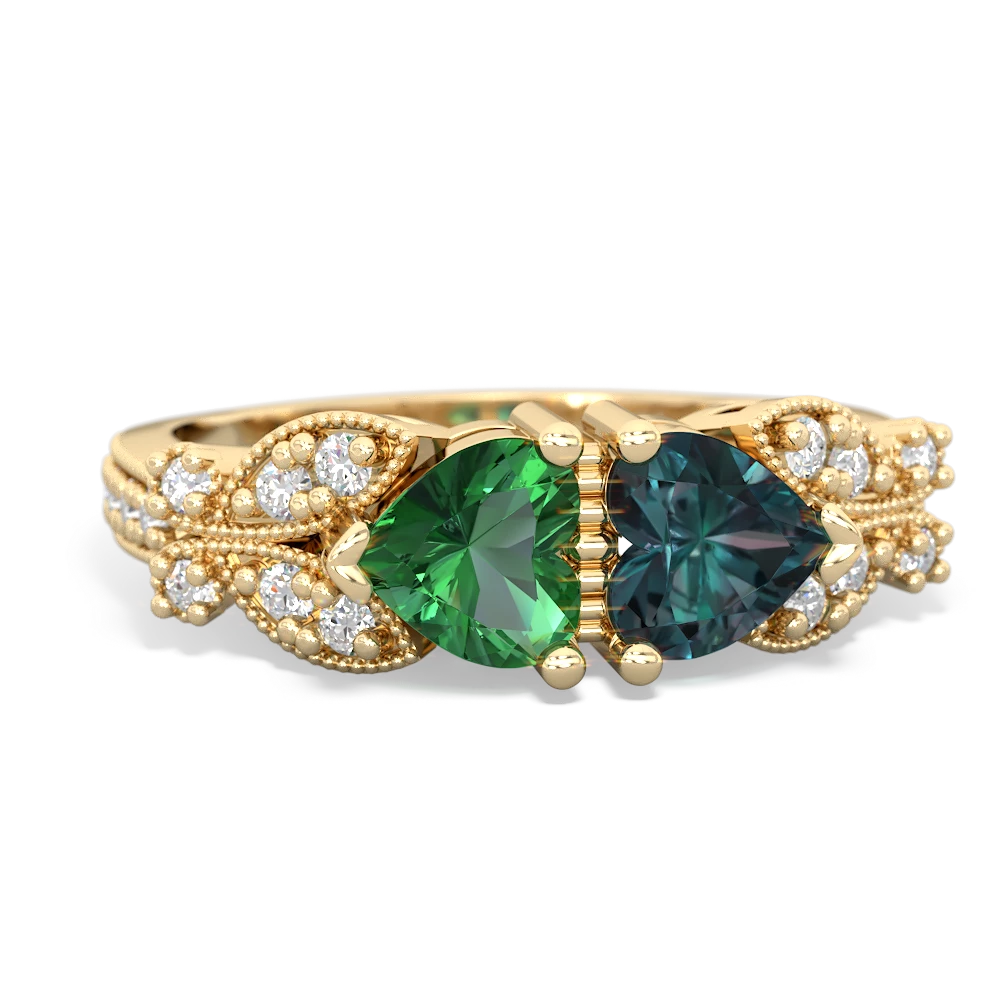 Lab Emerald Diamond Butterflies 14K Yellow Gold ring R5601