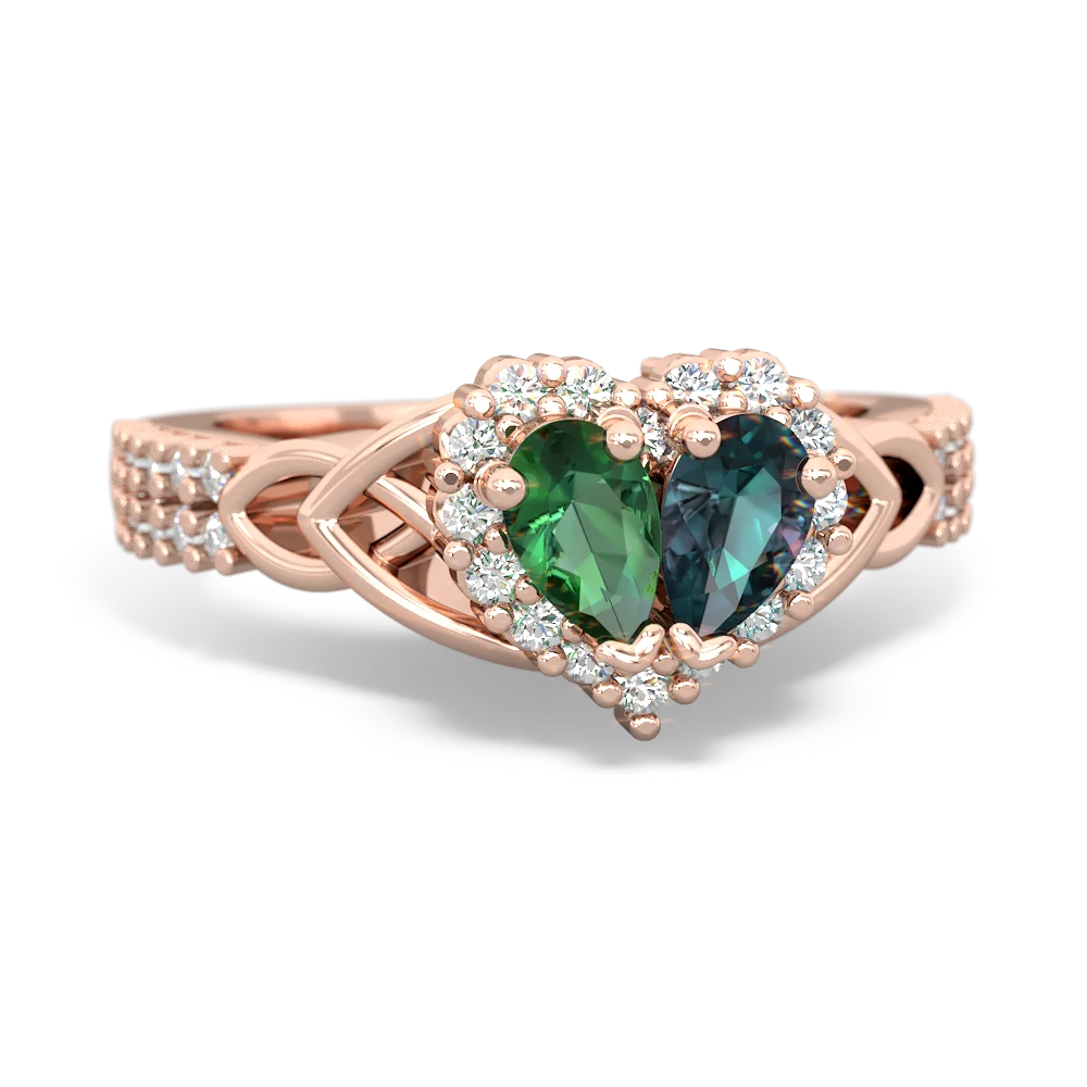 Lab Emerald Celtic Knot Two Hearts As One 14K Rose Gold ring R2644HRT