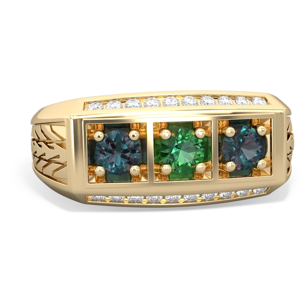 Lab Emerald Three Stone Tire Tread Men's 14K Yellow Gold ring R0520