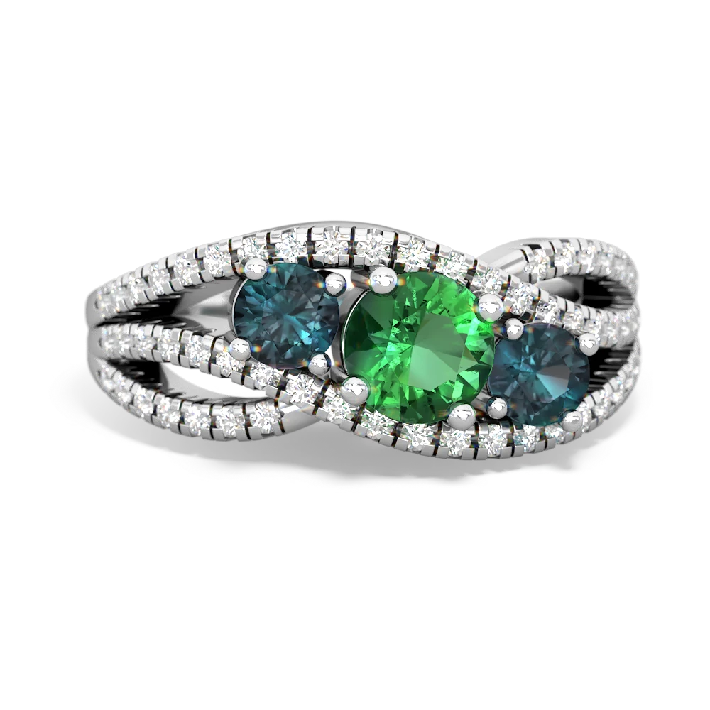 Lab Emerald Three Stone Aurora 14K White Gold ring R3080