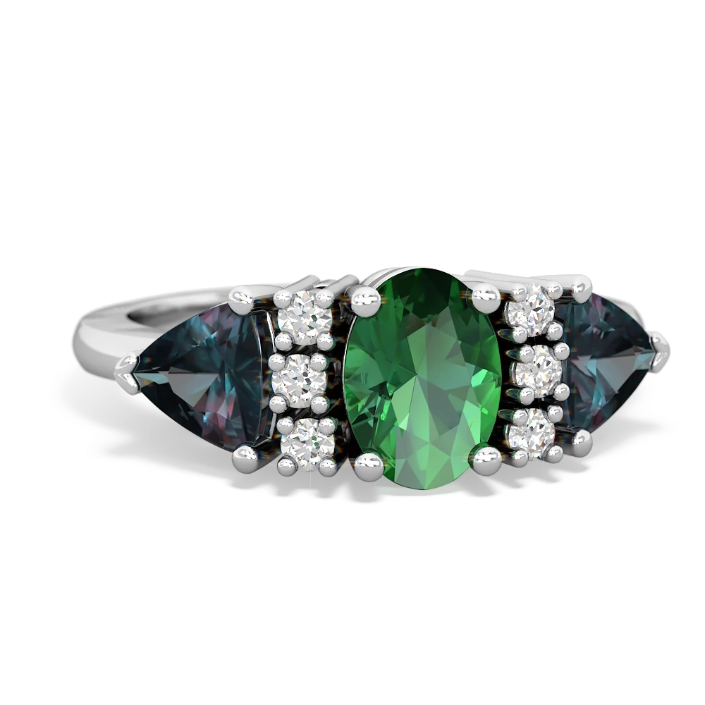 Lab Emerald Antique Style Three Stone 14K White Gold ring R2186