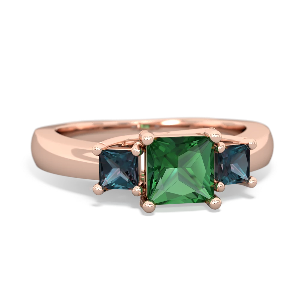 Lab Emerald Three Stone Trellis 14K Rose Gold ring R4015