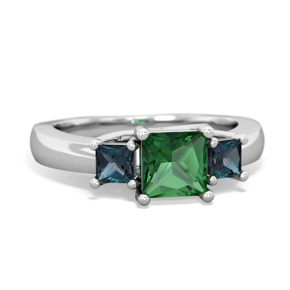 Lab Emerald Three Stone Trellis 14K White Gold ring R4015