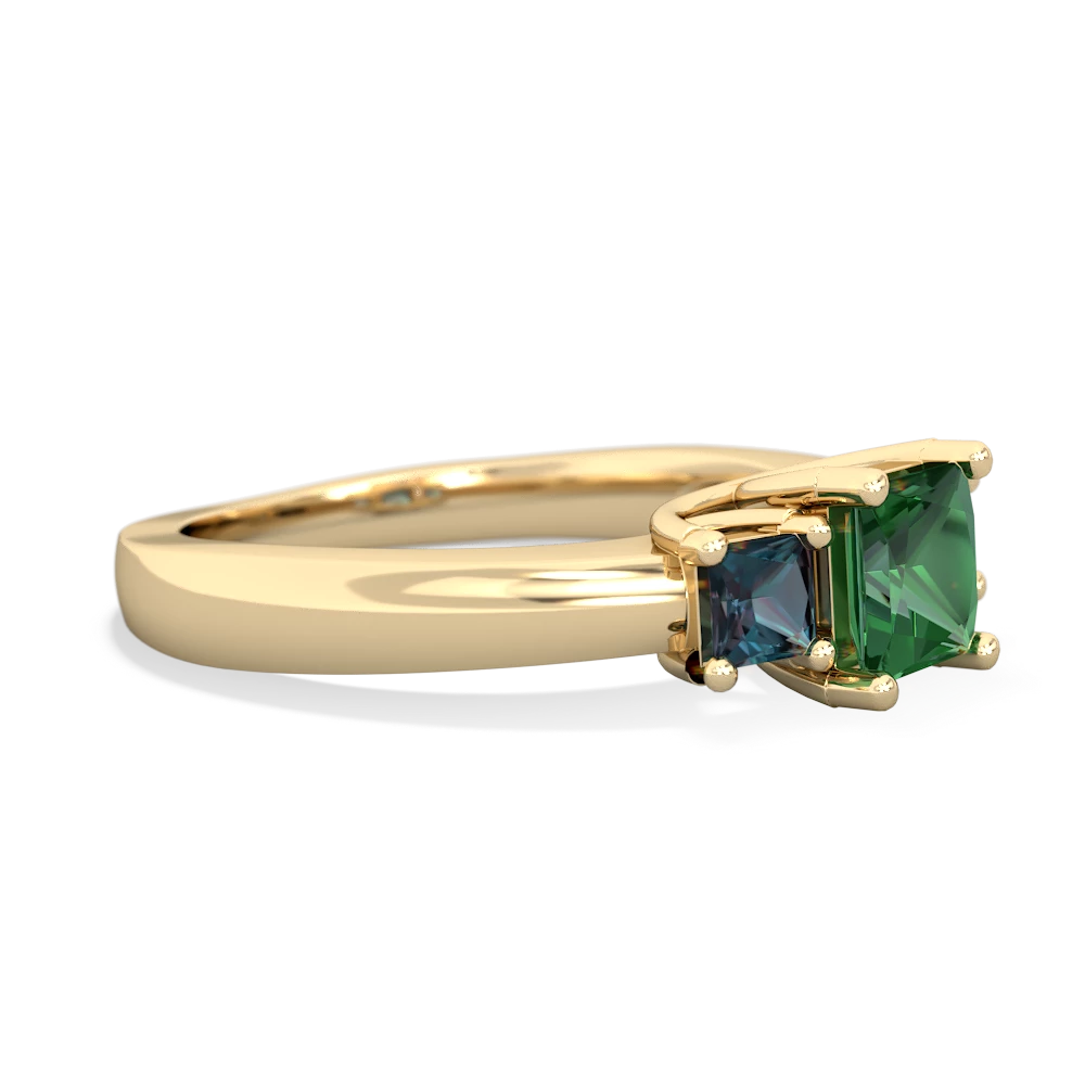 Lab Emerald Three Stone Trellis 14K Yellow Gold ring R4015