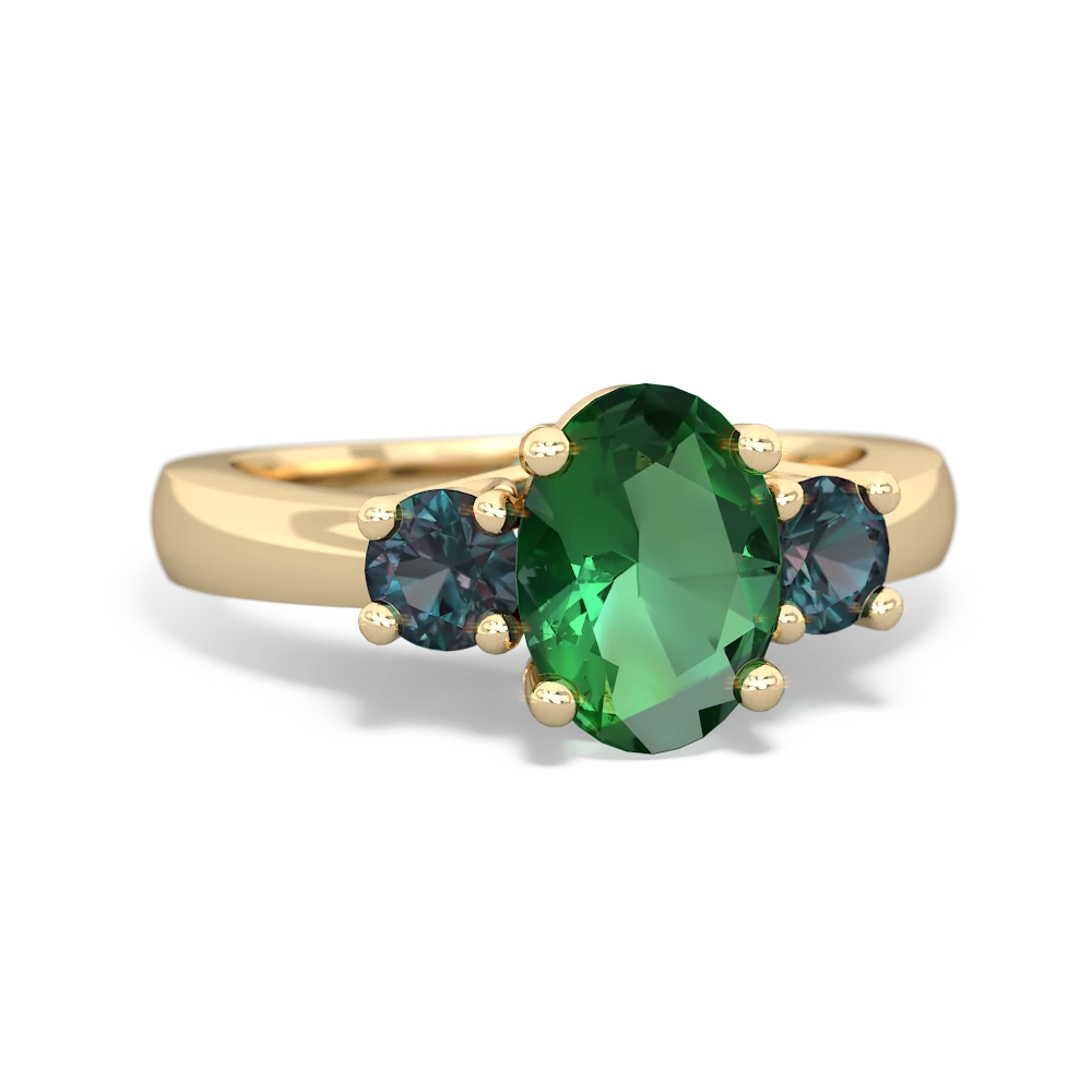 Lab Emerald Three Stone Oval Trellis 14K Yellow Gold ring R4024