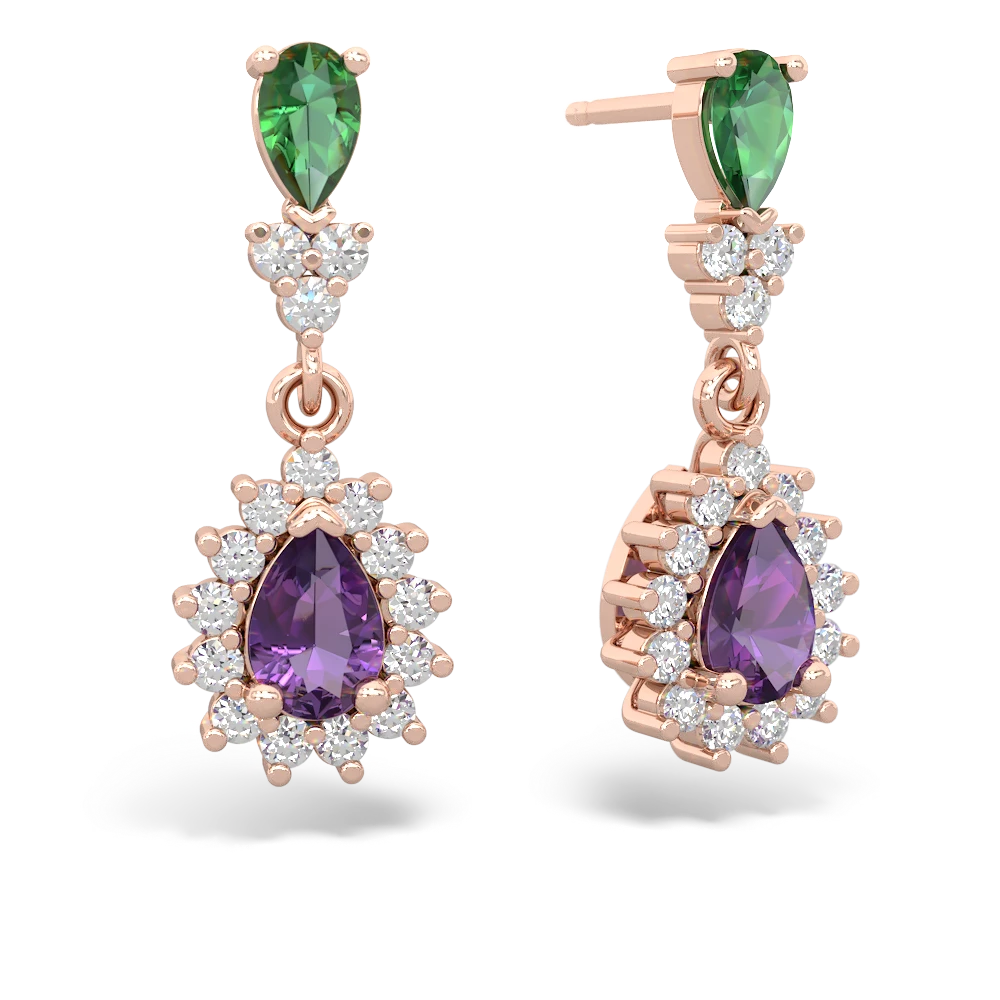 Lab Emerald Halo Pear Dangle 14K Rose Gold earrings E1882