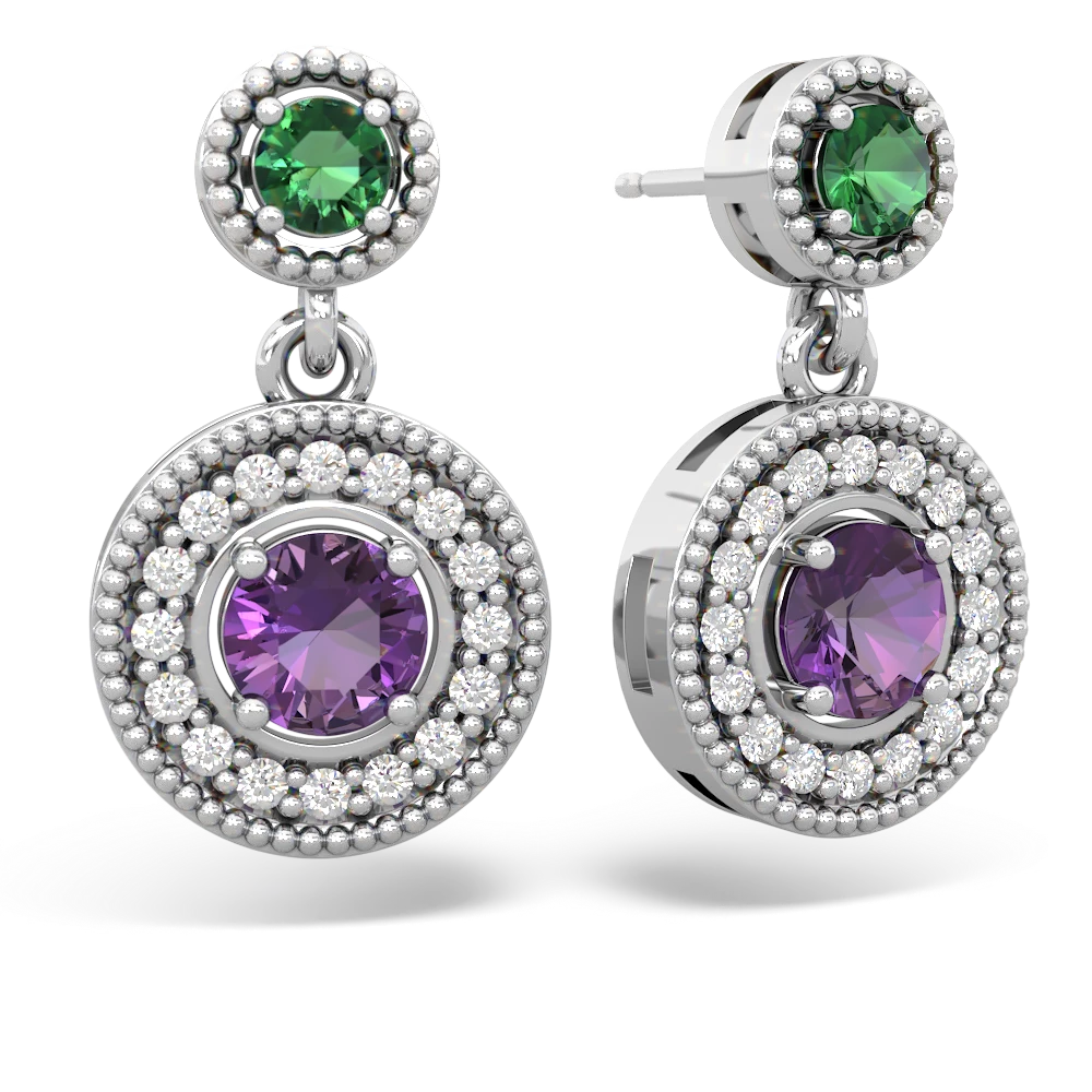 Lab Emerald Halo Dangle 14K White Gold earrings E5319