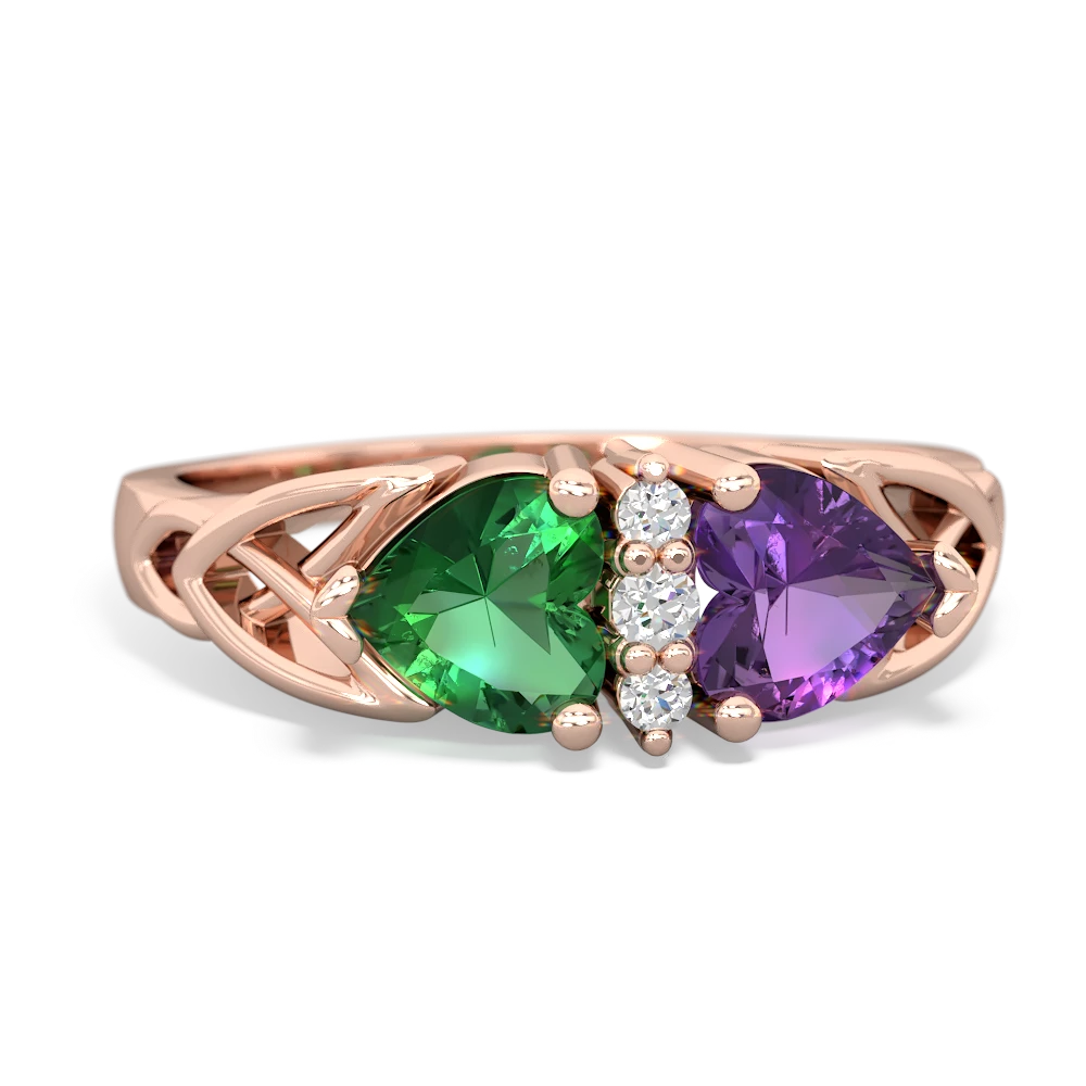 Lab Emerald Celtic Knot Double Heart 14K Rose Gold ring R5040