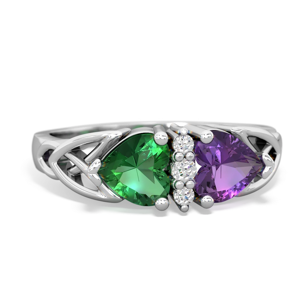 Lab Emerald Celtic Knot Double Heart 14K White Gold ring R5040