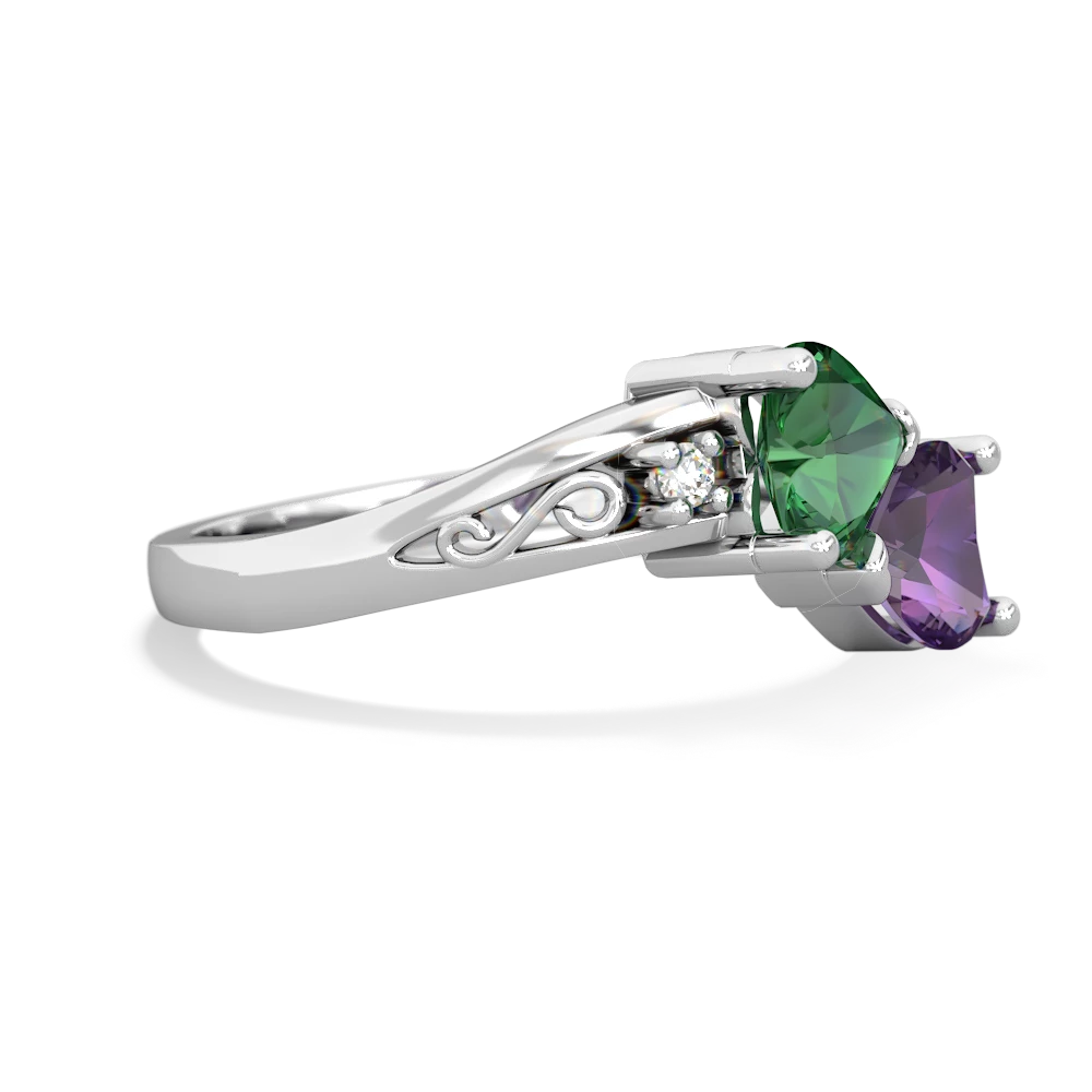 Lab Emerald Snuggling Hearts 14K White Gold ring R2178