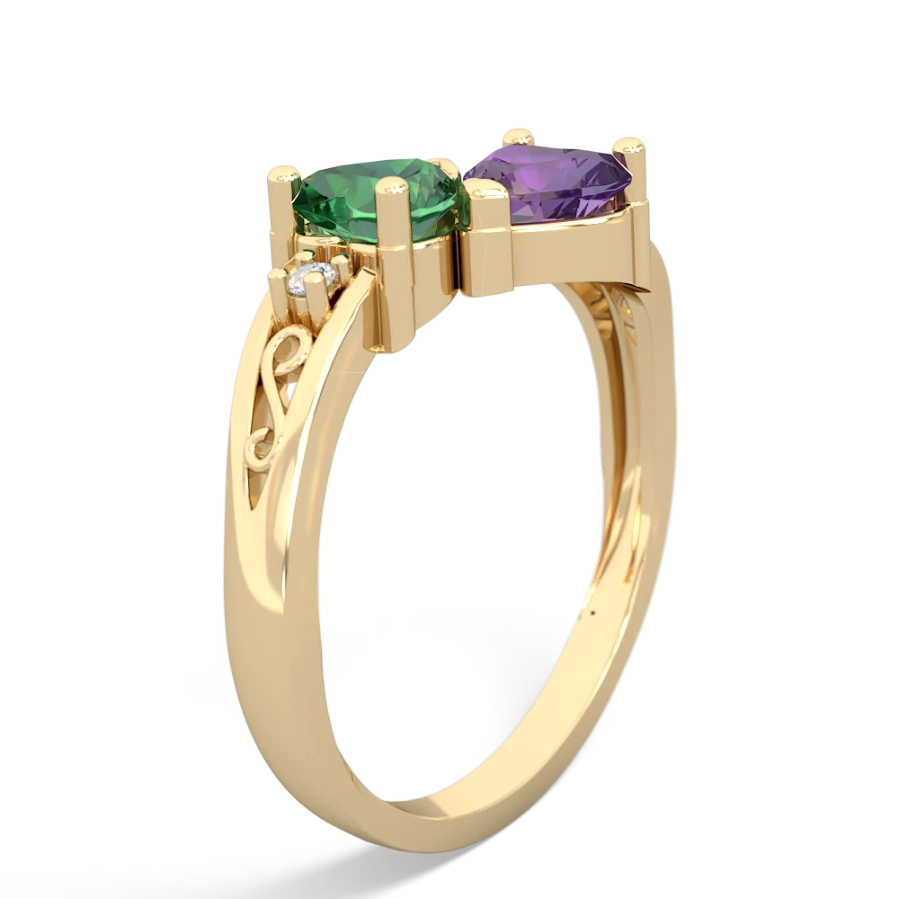 Lab Emerald Snuggling Hearts 14K Yellow Gold ring R2178