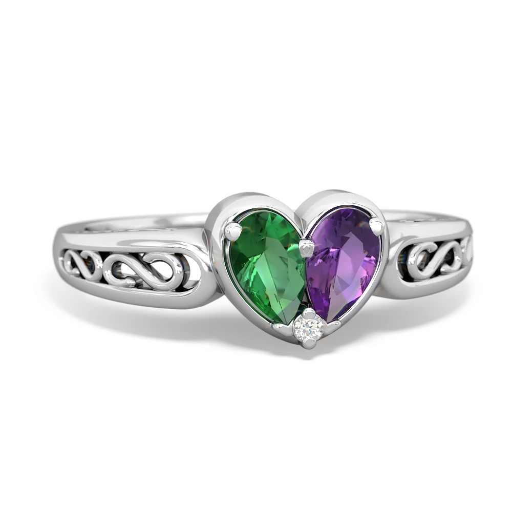 Lab Emerald Filligree 'One Heart' 14K White Gold ring R5070