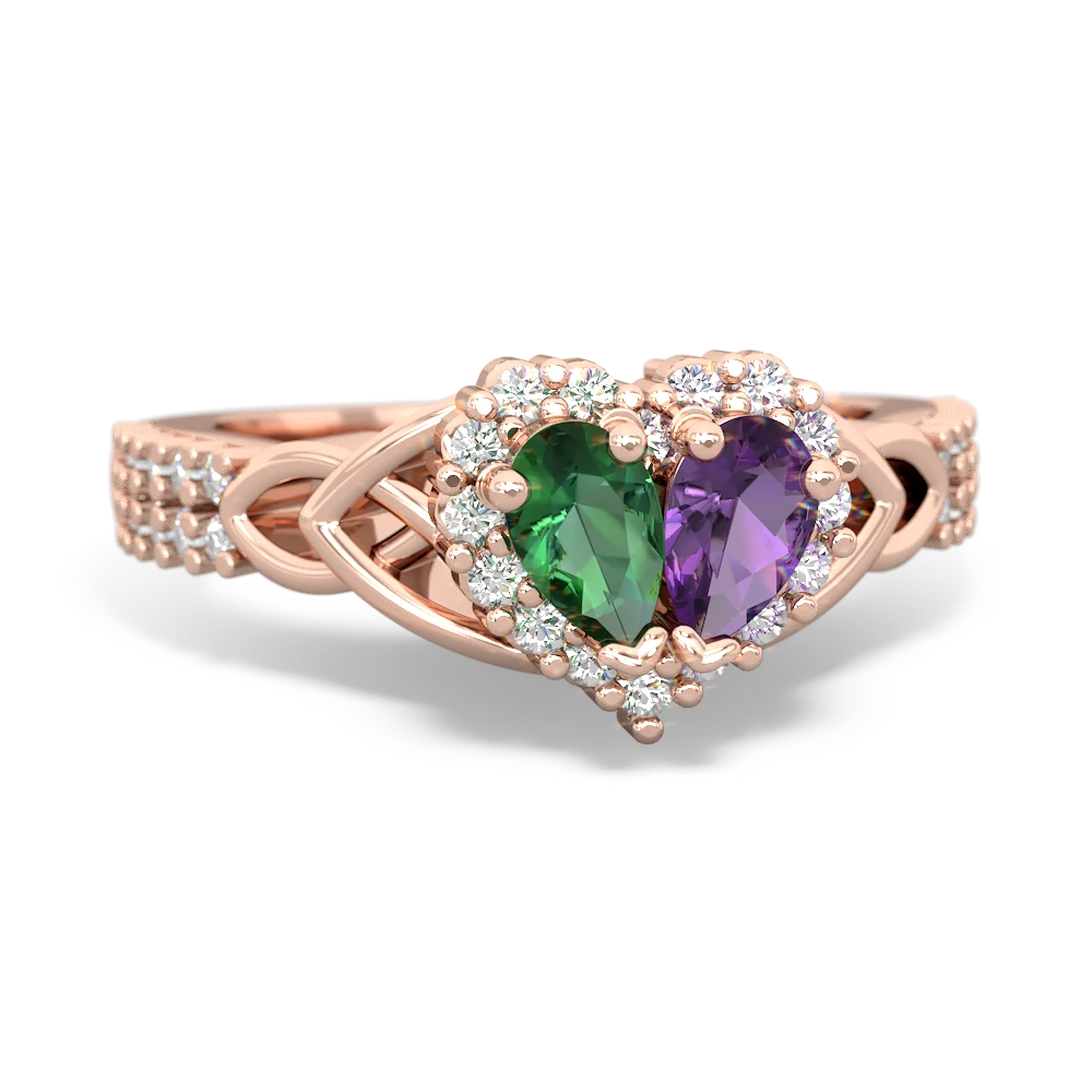 Lab Emerald Celtic Knot Two Hearts As One 14K Rose Gold ring R2644HRT