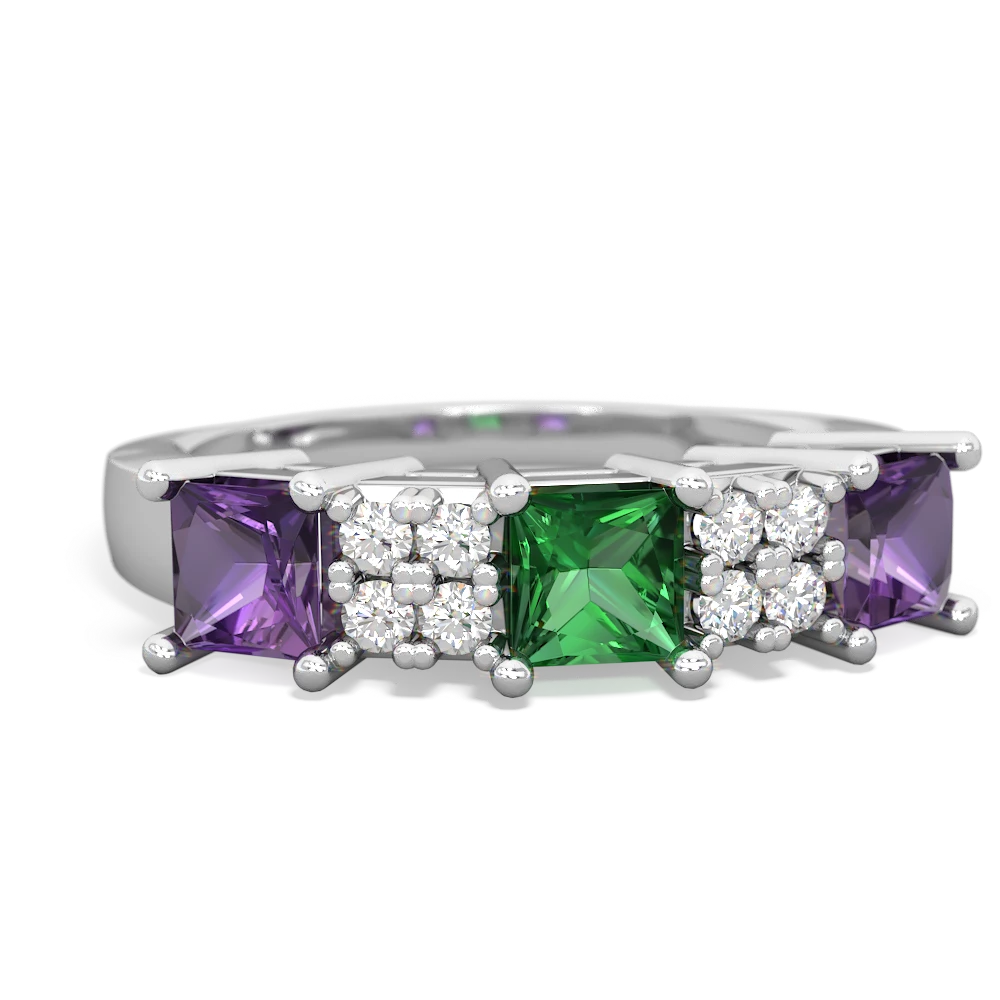 Lab Emerald Three Stone Diamond Cluster 14K White Gold ring R2592