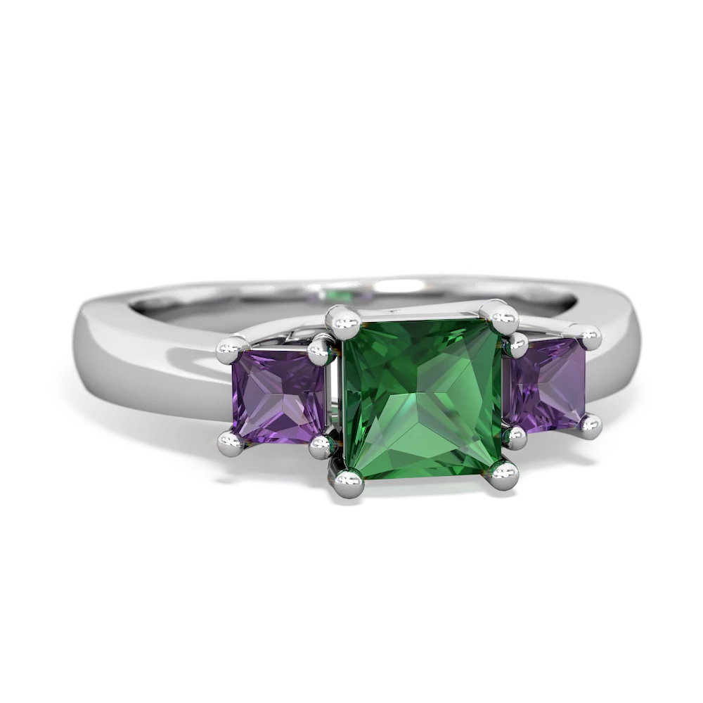 Lab Emerald Three Stone Trellis 14K White Gold ring R4015