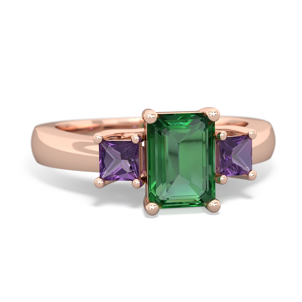 Lab Emerald Three Stone Emerald-Cut Trellis 14K Rose Gold ring R4021