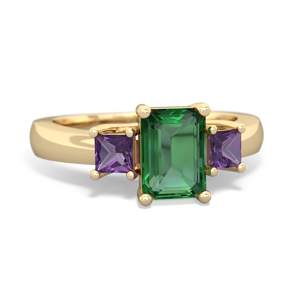 Lab Emerald Three Stone Emerald-Cut Trellis 14K Yellow Gold ring R4021