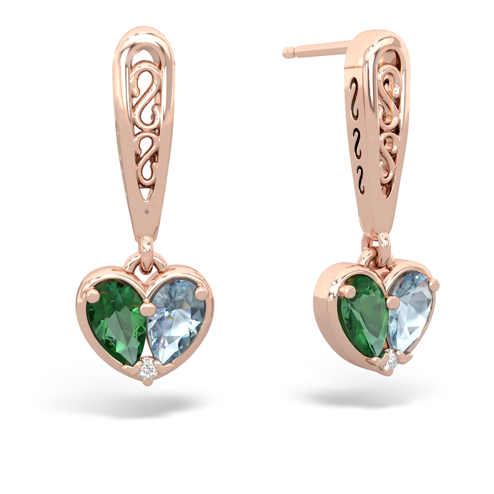 Lab Emerald Filligree Heart 14K Rose Gold earrings E5070