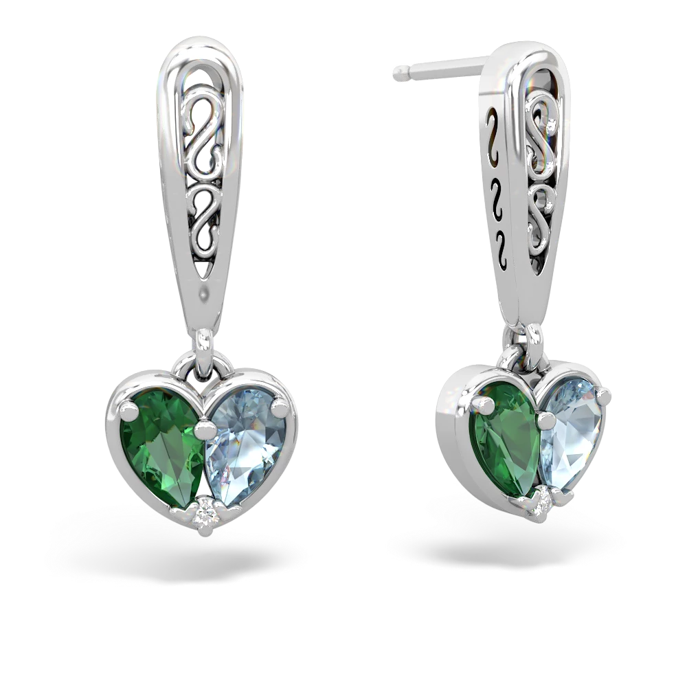 Lab Emerald Filligree Heart 14K White Gold earrings E5070