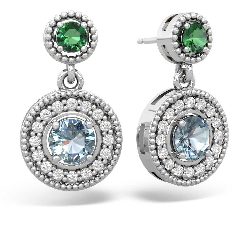 Lab Emerald Halo Dangle 14K White Gold earrings E5319