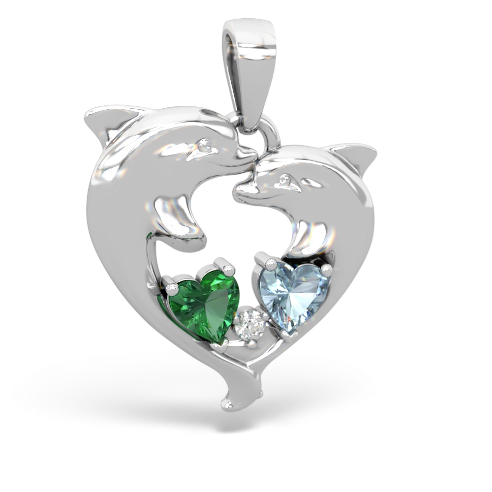 Lab Emerald Dolphin Heart 14K White Gold pendant P5820