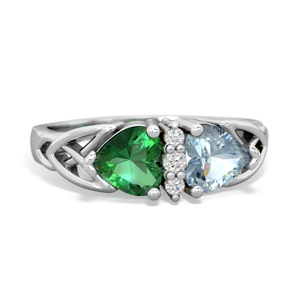 Lab Emerald Celtic Knot Double Heart 14K White Gold ring R5040