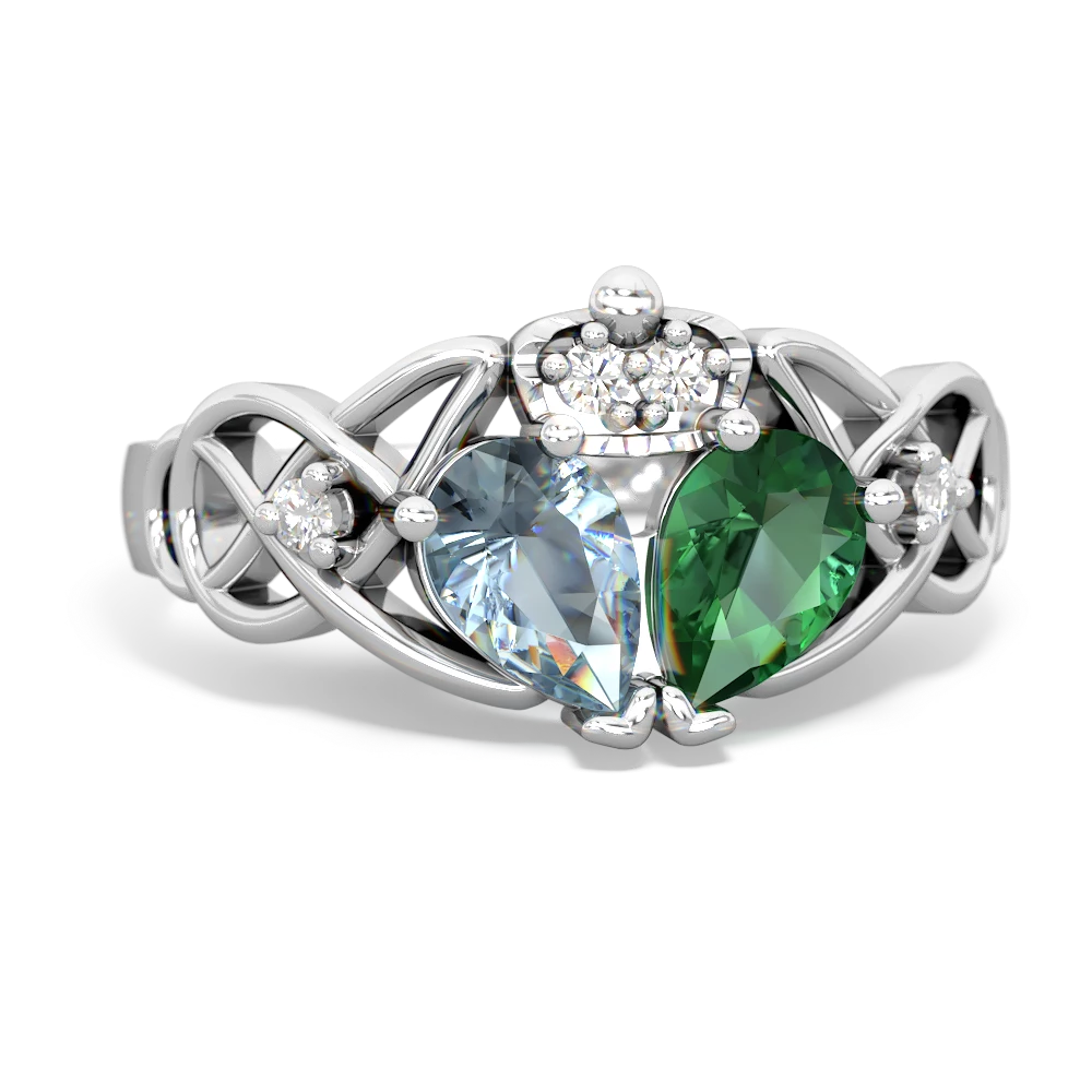 Lab Emerald 'One Heart' Celtic Knot Claddagh 14K White Gold ring R5322