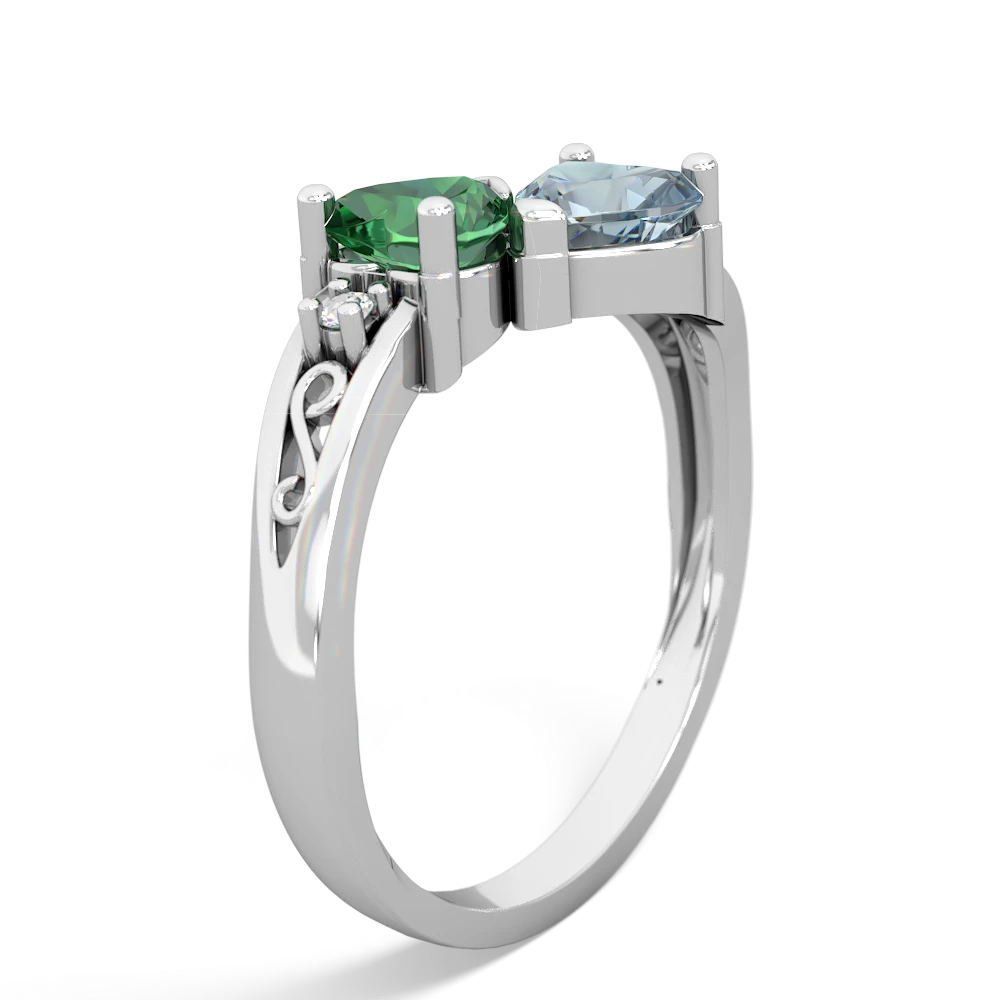 Lab Emerald Snuggling Hearts 14K White Gold ring R2178