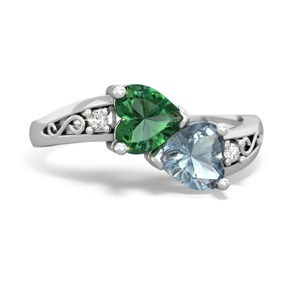 Lab Emerald Snuggling Hearts 14K White Gold ring R2178