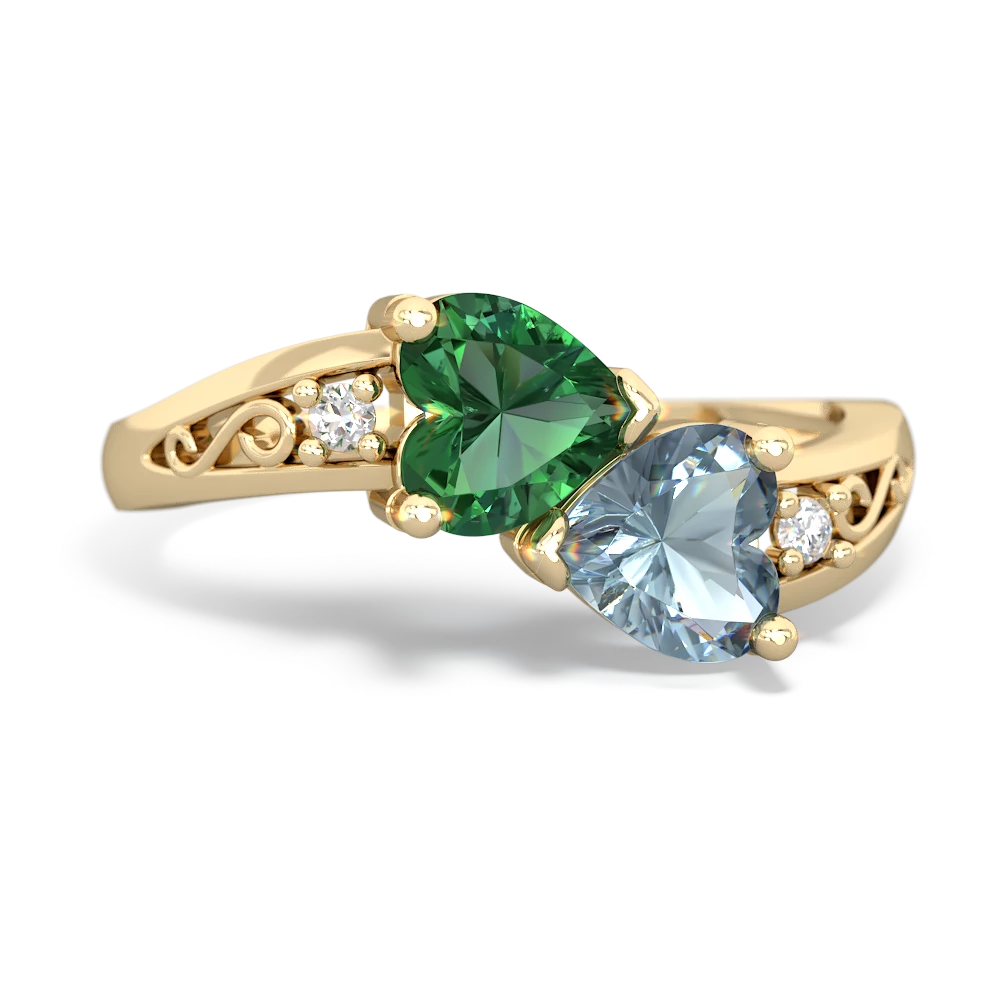 Lab Emerald Snuggling Hearts 14K Yellow Gold ring R2178