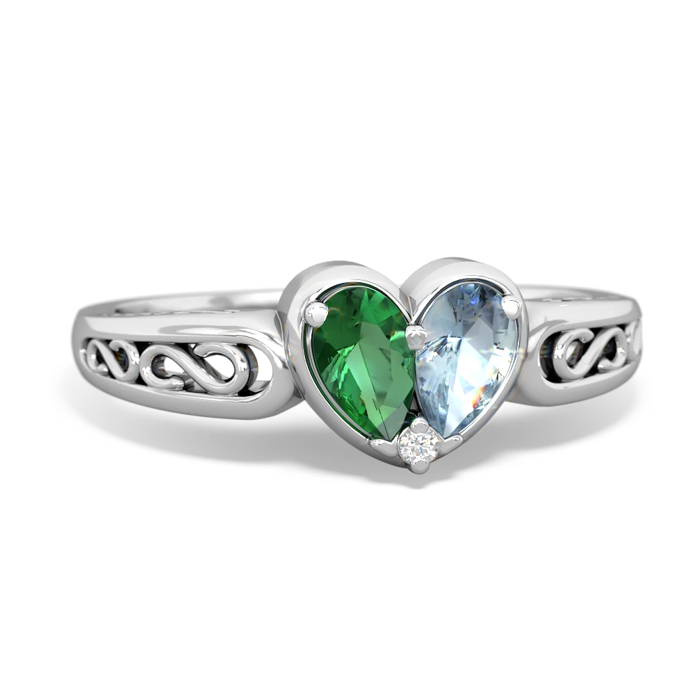 Lab Emerald Filligree 'One Heart' 14K White Gold ring R5070