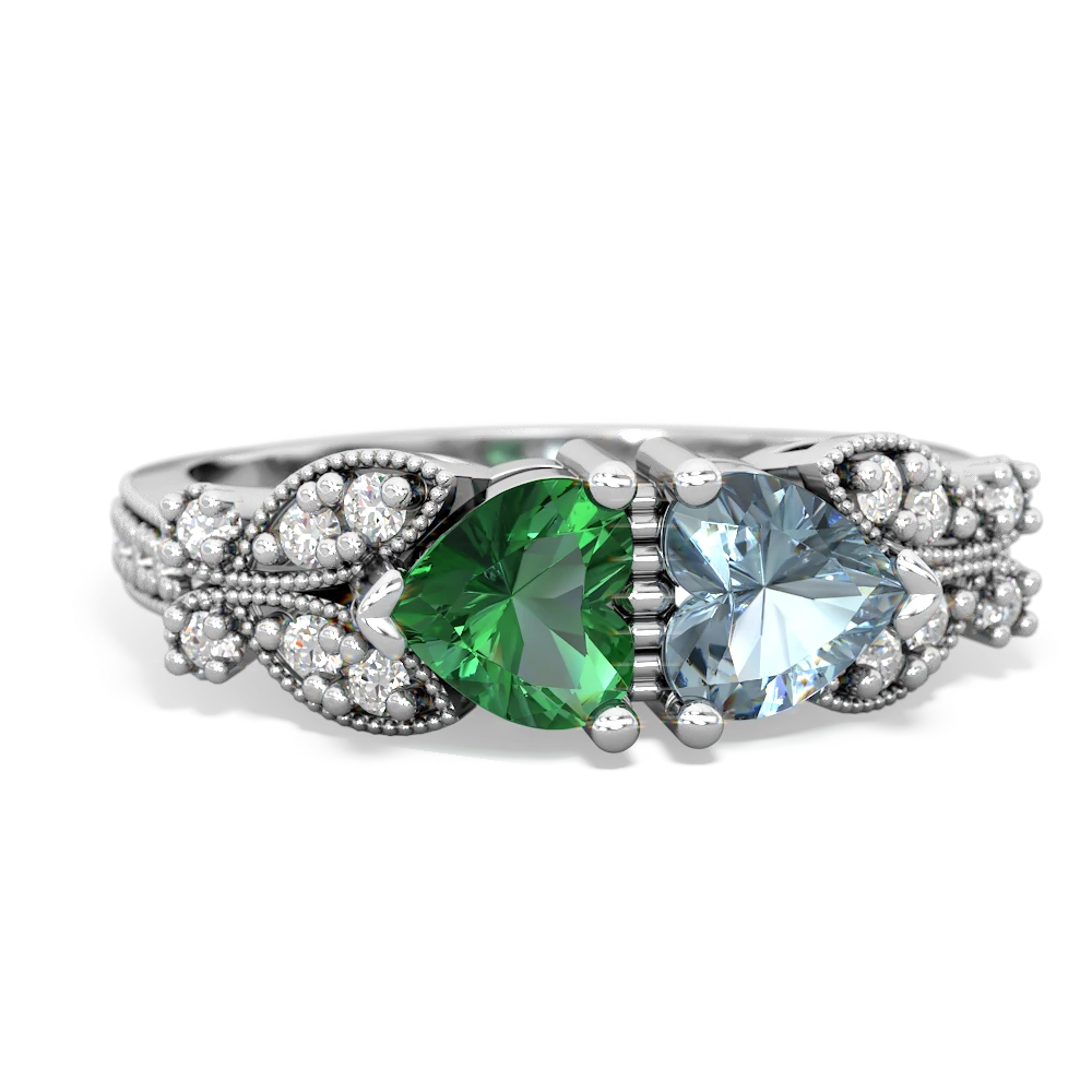 Lab Emerald Diamond Butterflies 14K White Gold ring R5601