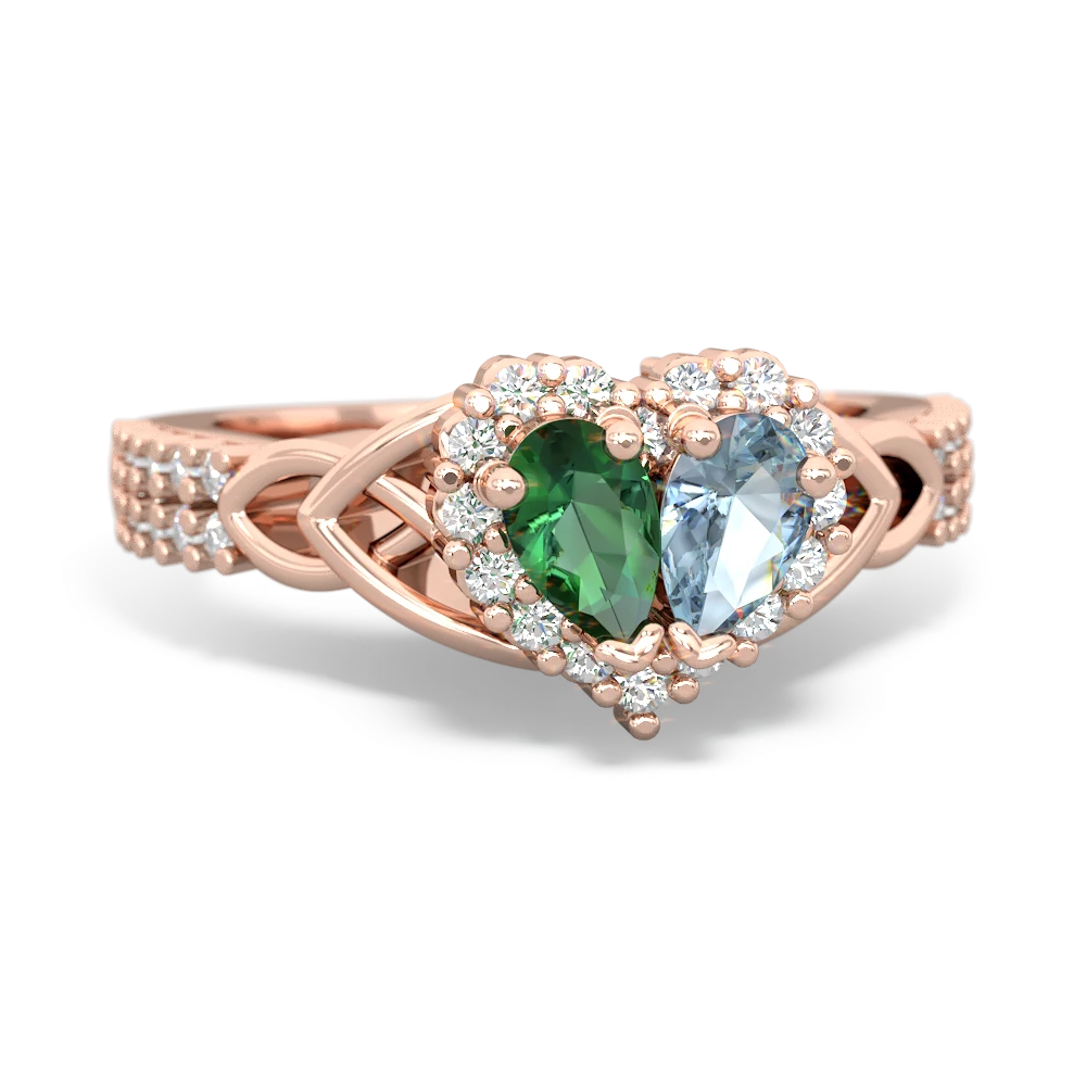 Lab Emerald Celtic Knot Two Hearts As One 14K Rose Gold ring R2644HRT