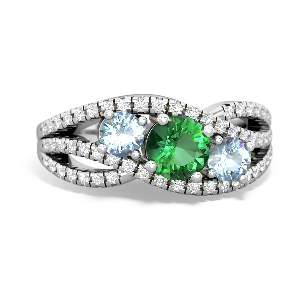 Lab Emerald Three Stone Aurora 14K White Gold ring R3080