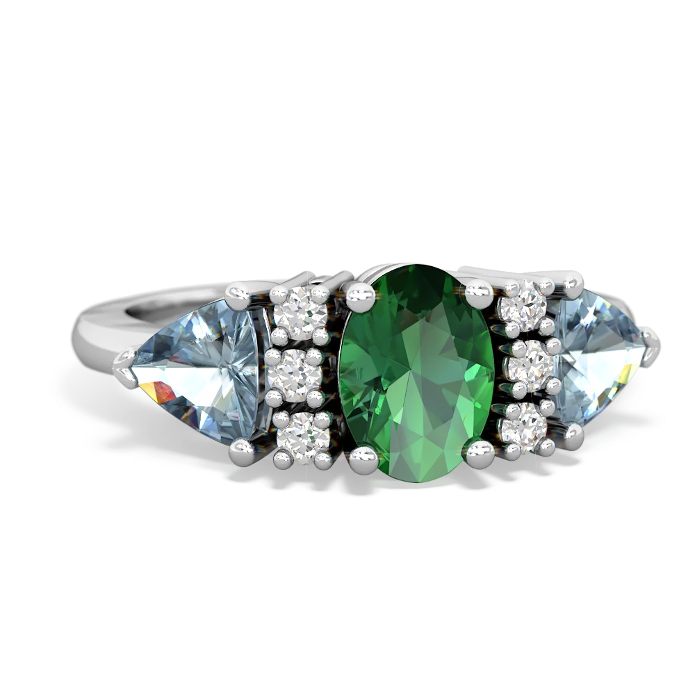 Lab Emerald Antique Style Three Stone 14K White Gold ring R2186