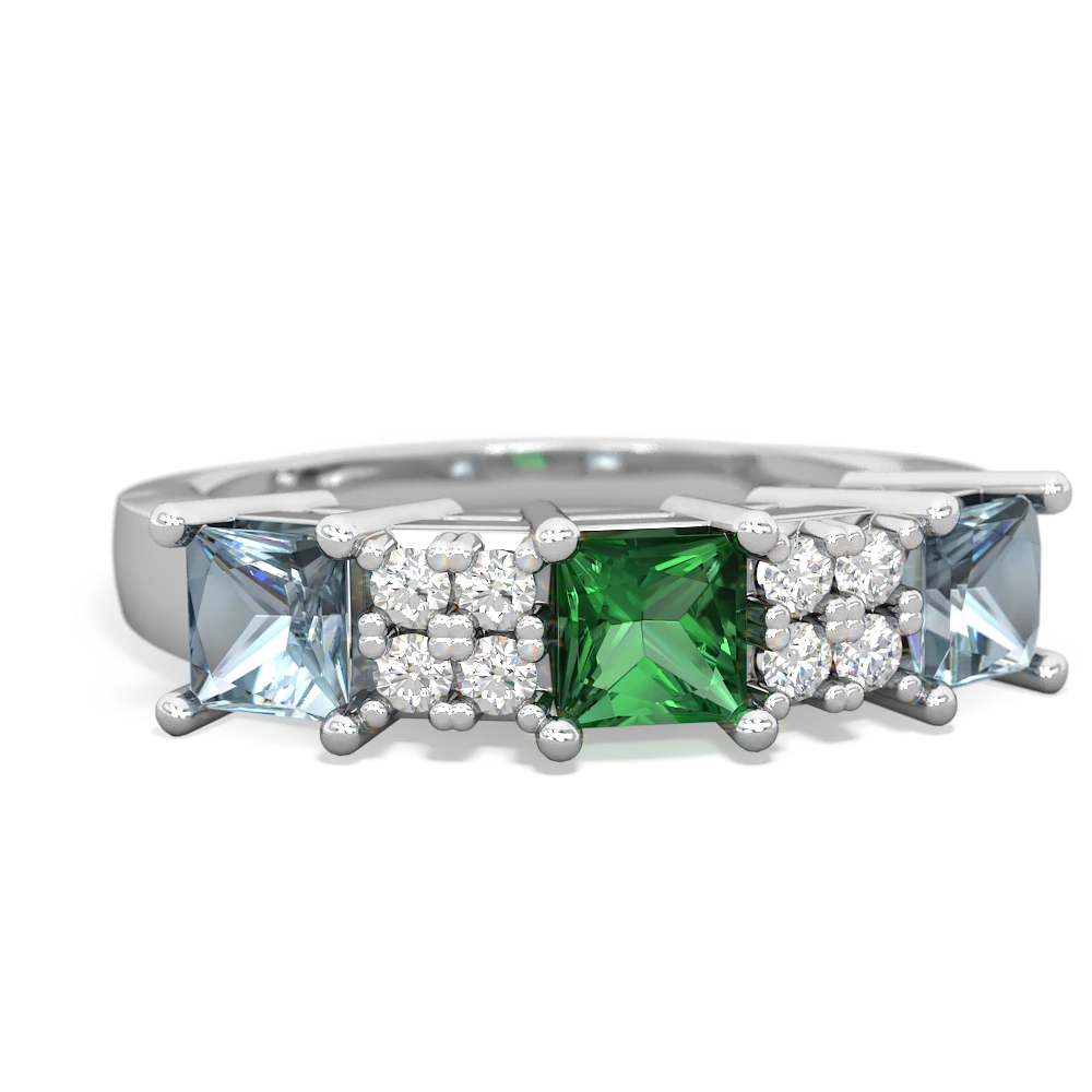 Lab Emerald Three Stone Diamond Cluster 14K White Gold ring R2592