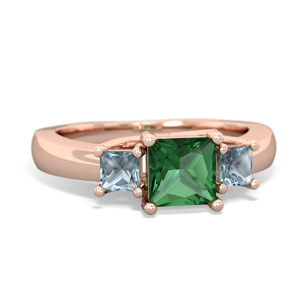 Lab Emerald Three Stone Trellis 14K Rose Gold ring R4015