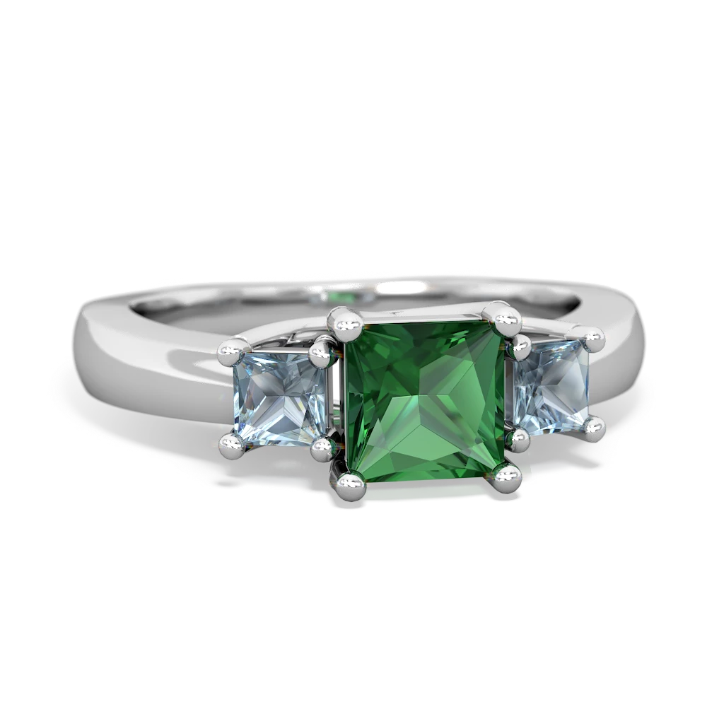 Lab Emerald Three Stone Trellis 14K White Gold ring R4015