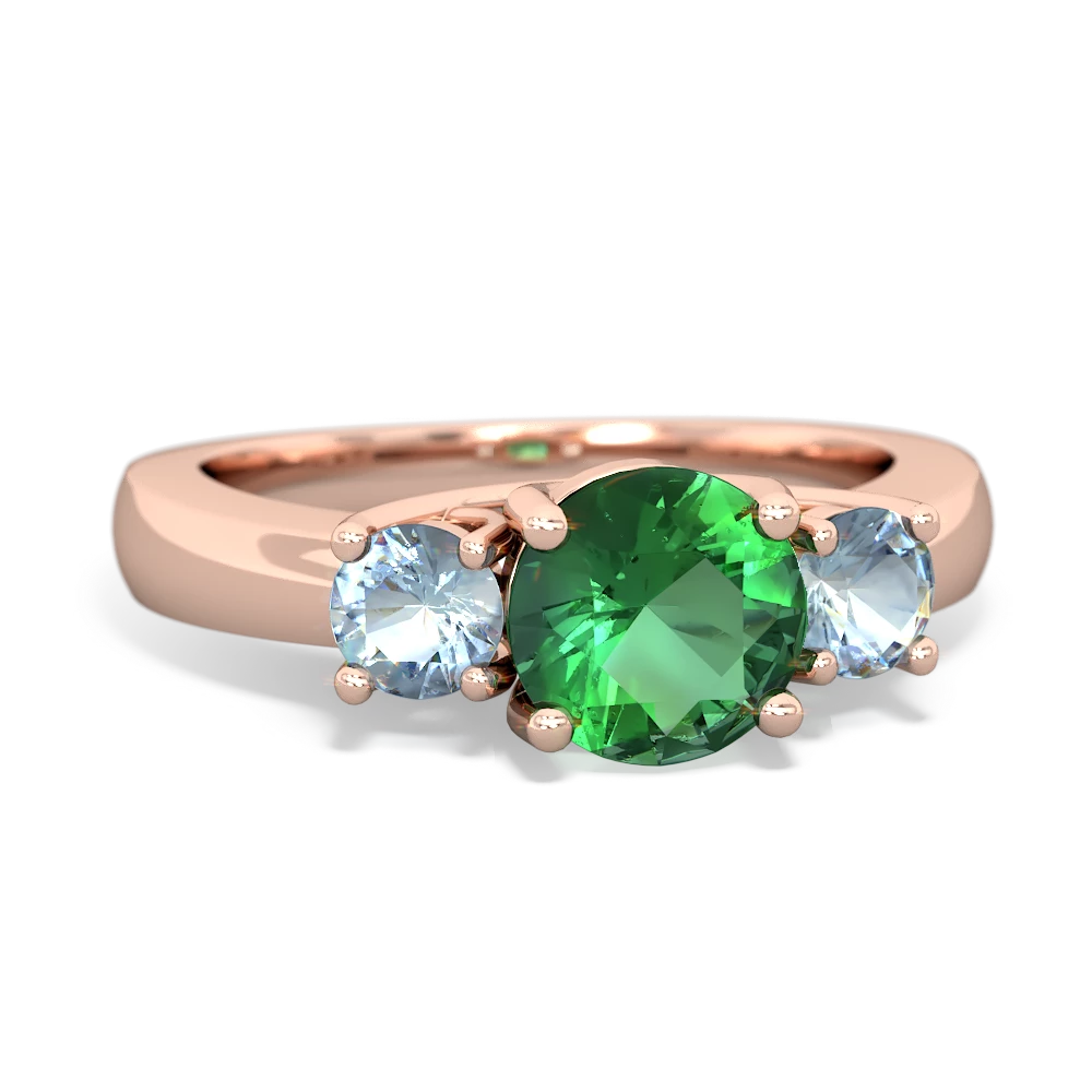 Lab Emerald Three Stone Round Trellis 14K Rose Gold ring R4018