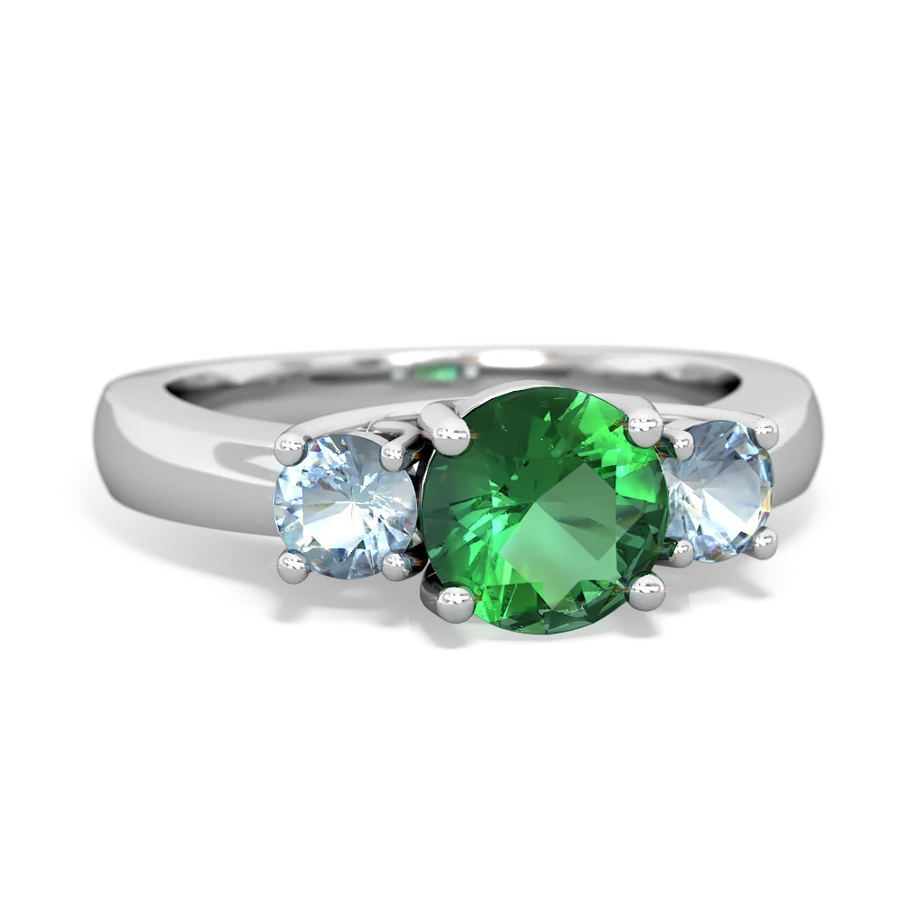 Lab Emerald Three Stone Round Trellis 14K White Gold ring R4018