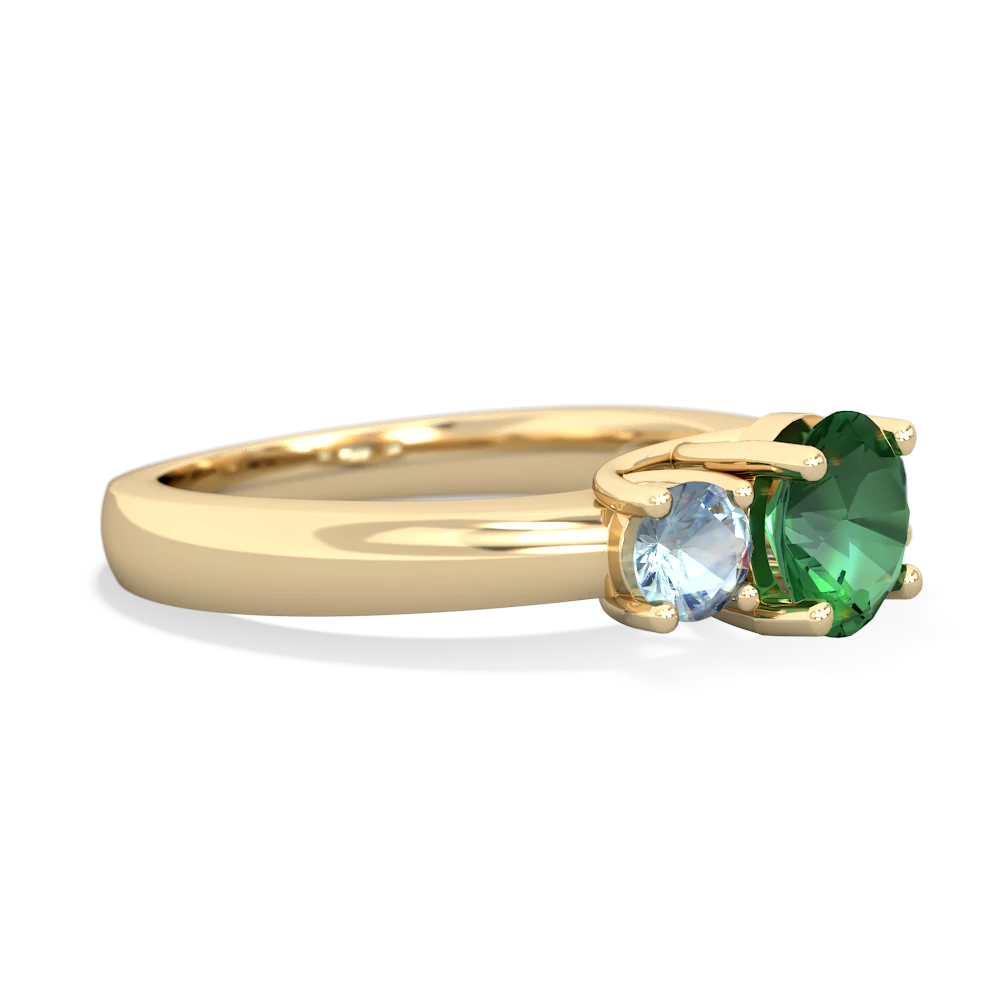 Lab Emerald Three Stone Round Trellis 14K Yellow Gold ring R4018